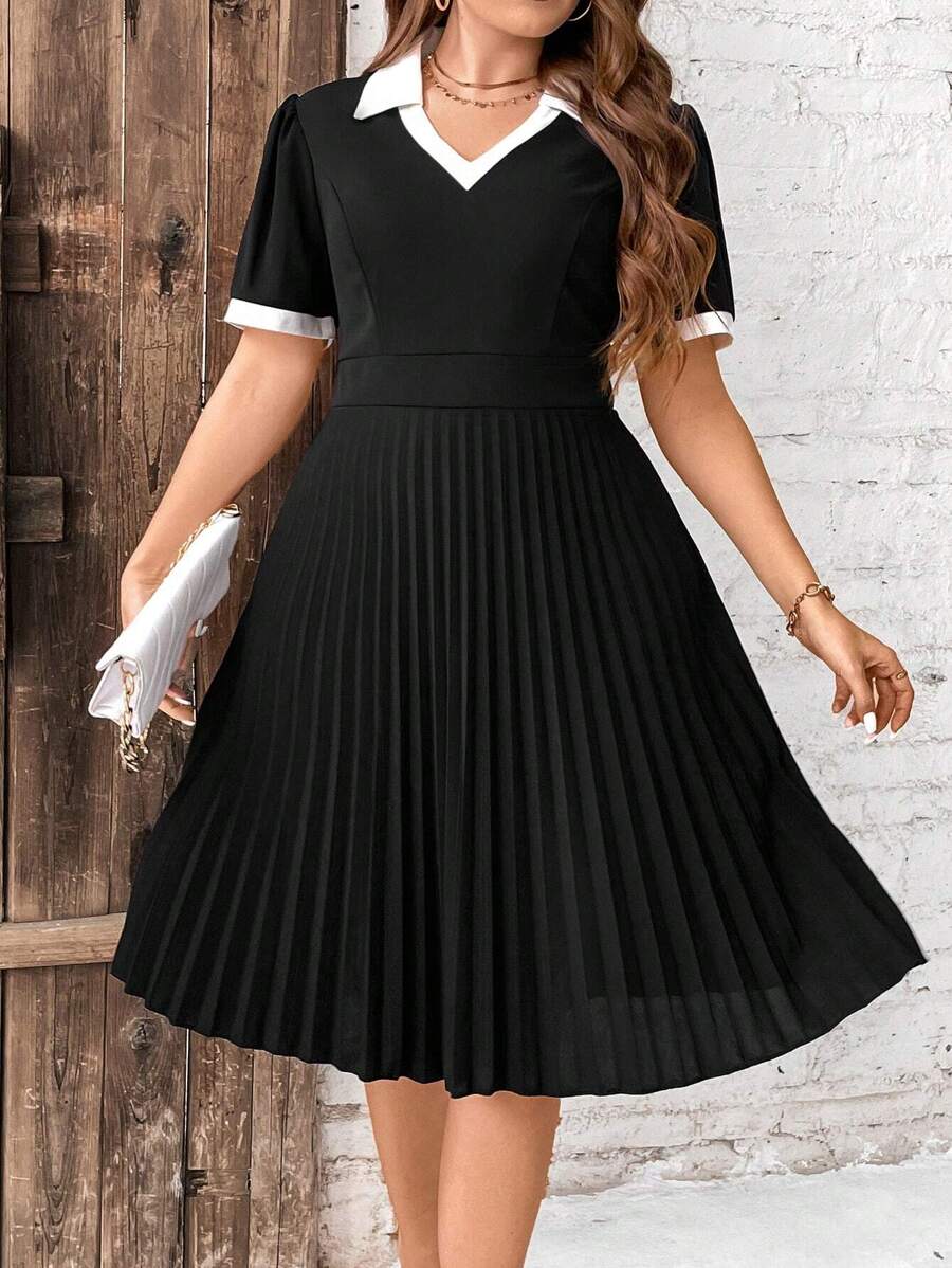 Plus Size Color Block V-Neckline Dress With Ruffle Sleeves And Hem - Black and White - View 1