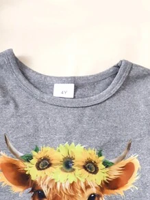 SHEIN Toddler Girls' Sunflower Pattern T-Shirt And Denim Overall Set For Holiday - Grey - View 4