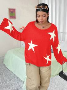 Flirla 加大號大小星星圖案下垂肩毛衣 - 紅色 - 查看 5