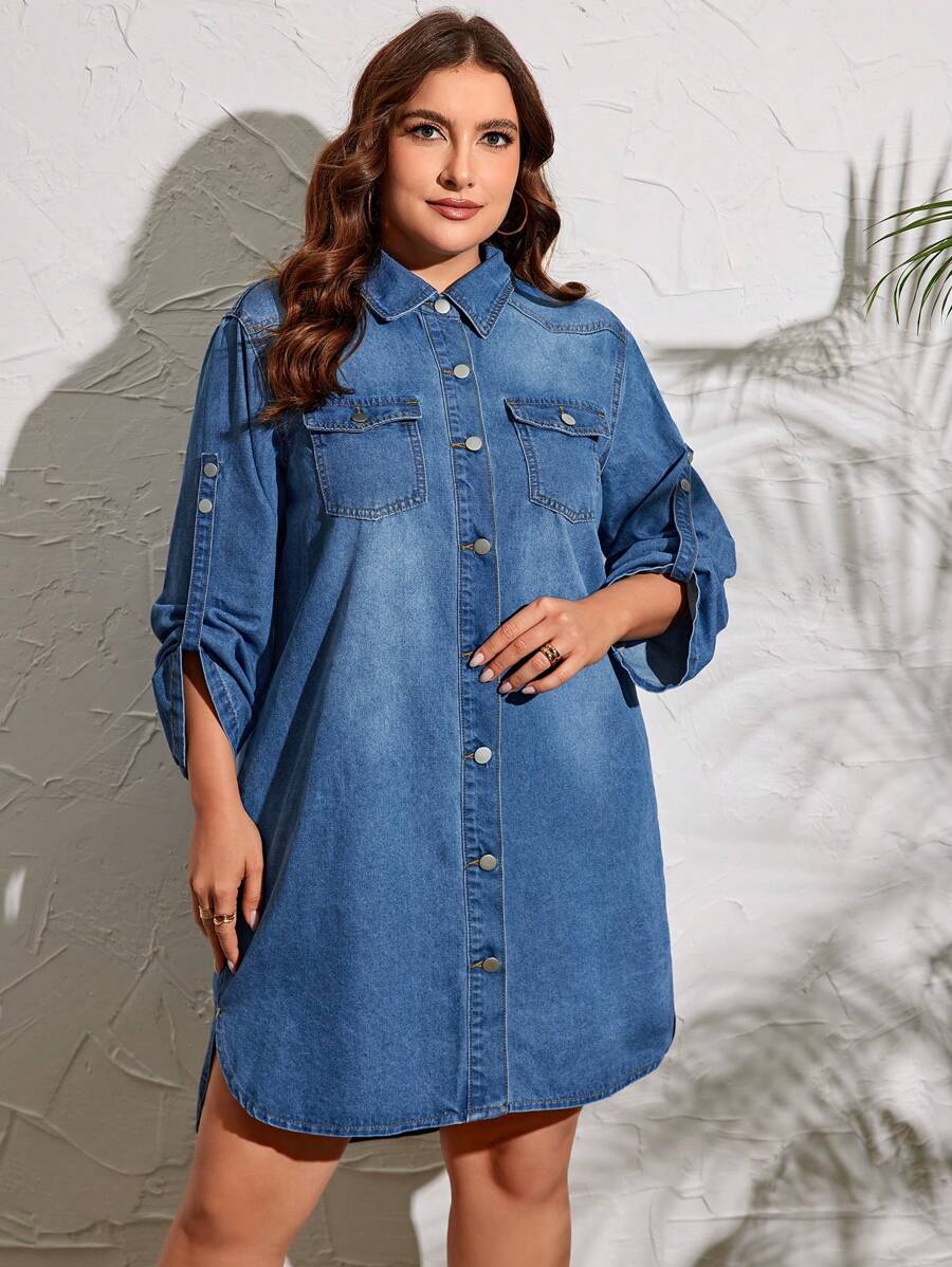 SHEIN LUNE 大码女式不对称下摆牛仔衬衫裙 - 淺色水洗藍 - 查看 1
