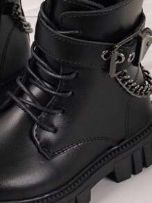 黑色兒童機車靴,中性風格帶鏈裝飾短工作靴,保暖防水pu皮鞋