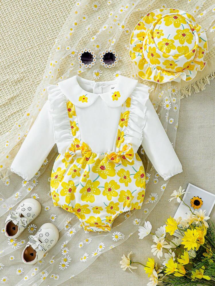 Baby Girl Elegant & Cute Double Layer Hat With Floral & Ruffled Design, Casual & Versatile