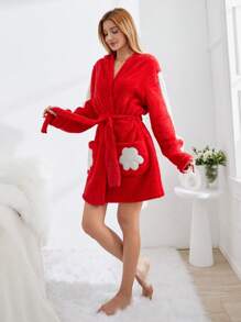 SHEIN Cottnline Contrast Side Seam Cartoon Graphic Hooded Belted Flannel Robe - Orange - View 3