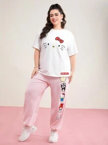 HELLO KITTY AND FRIENDS | SHEIN Camiseta De Manga Corta Con Estampado De Caricaturas Plus - Blanco - Ver 5