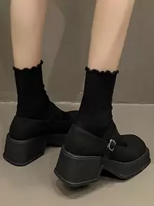 ROMWE Goth 2024 French Style Retro Mary Jane Shoes For Women With Thick Sole, Spring & Autumn Season, Square Toe And Chunky Heel - Black - View 2