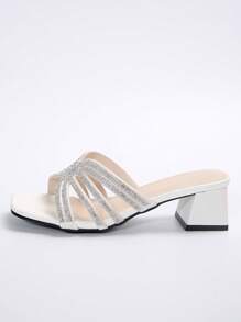 White Square Toe Thin Heeled Sandals For Women, Fashionable French Style Crystal Embellished High Heeled Shoes, Summer & Fall Valentines