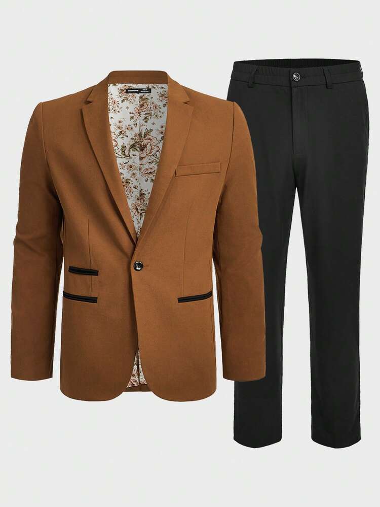 Men'S Woven Casual Suit, Single Button Suit Jacket And Pants Suit