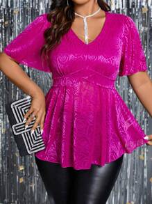 SHEIN Allurite Plus Size V-Neck Top With Ruffle Trim Hemline