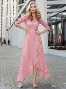 MIUSOL Floral Lace Corset With Ruffle Trim Chiffon Formal Party Dress - Pink - View 8