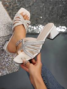 White Square Toe Thin Heeled Sandals For Women, Fashionable French Style Crystal Embellished High Heeled Shoes, Summer & Fall Valentines