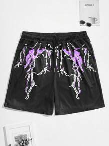 Manfinity Roghcode Pantalones Cortos Con Estampado De Rayos Para Hombre Con Cintura Con Cordón - Negro - Ver 1