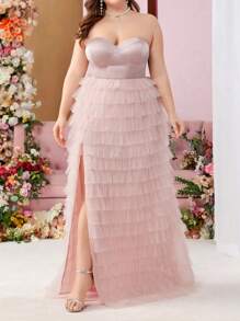 SHEIN Belle Plus Size Satin Multi-Layer Tulle High Split Strapless Evening Party Dress - Pink - View 1