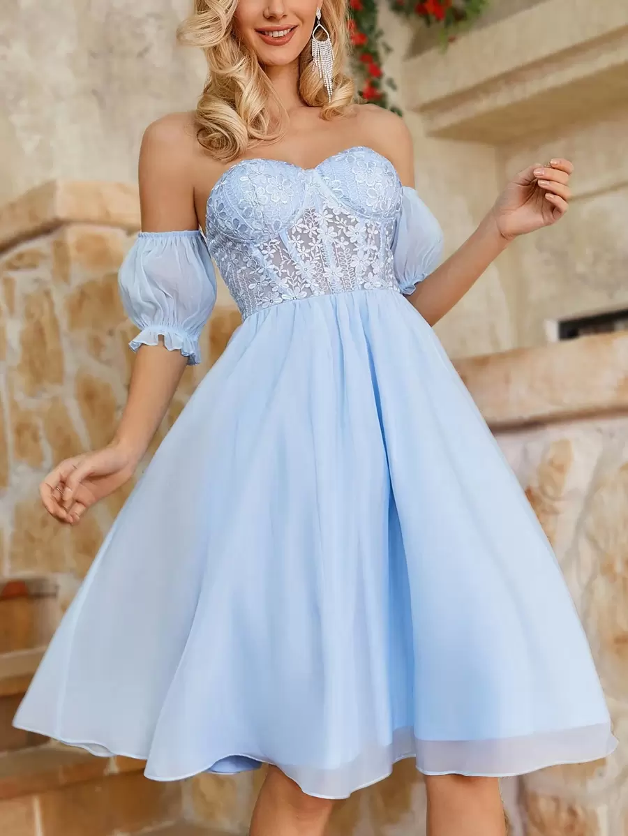 SHEIN Belle Light Blue French Lace Splicing Chiffon Tube Top Dress,Elegant Backless Puff Sleeve Strapless Cocktail Party Prom Dress For Wedding Guest Homecoming - Baby Blue - View 1