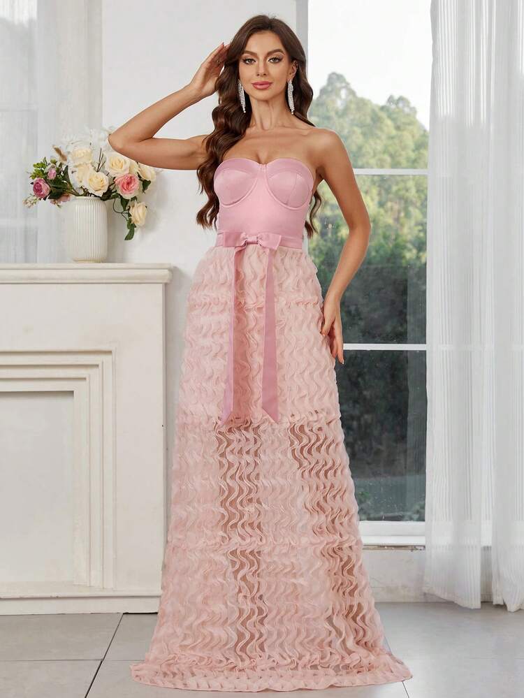 Women's Patchwork 3d Mesh Fabric A-Line Strapless Evening Dress