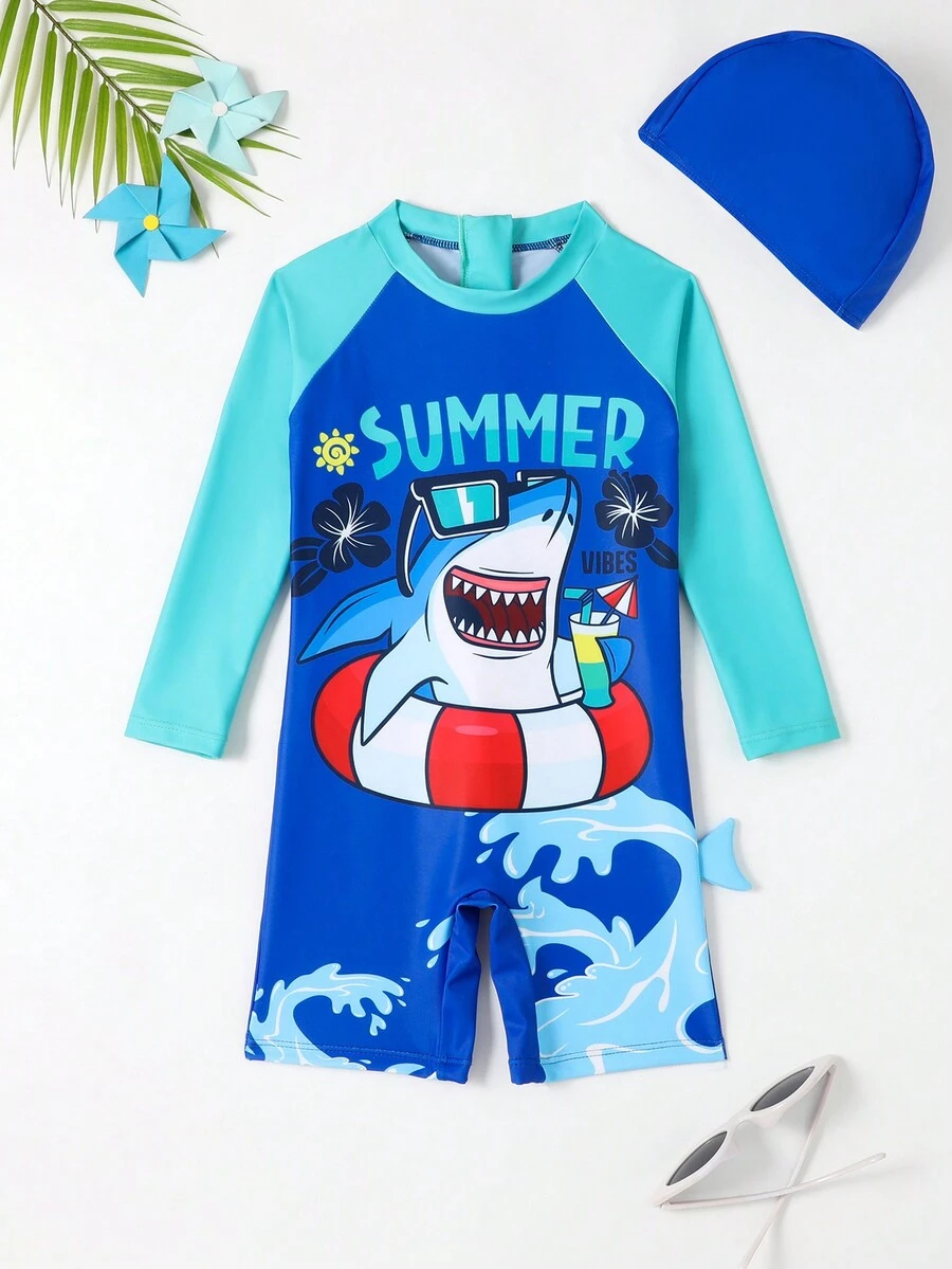 Young Boy Cute Letter & Shark Print One-Piece Swimsuit With Swimming Cap - Multicolor - View 1