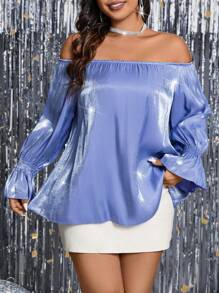 Celure Plus Size Glossy Off Shoulder Flare Sleeve Shirt - Blue - View 1