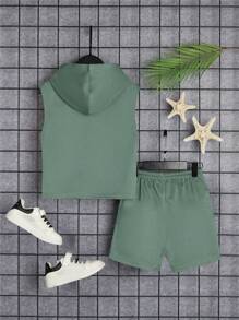 SHEIN Young Boy Sleeveless Hooded Top And Drawstring Waist Casual Comfortable Shorts Set - Green - View 2