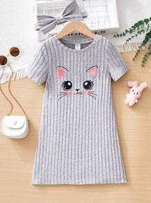 Bé gái Giải trí Hình con mèo Đầm Với dây buộc tóc - Xám - Xem 1