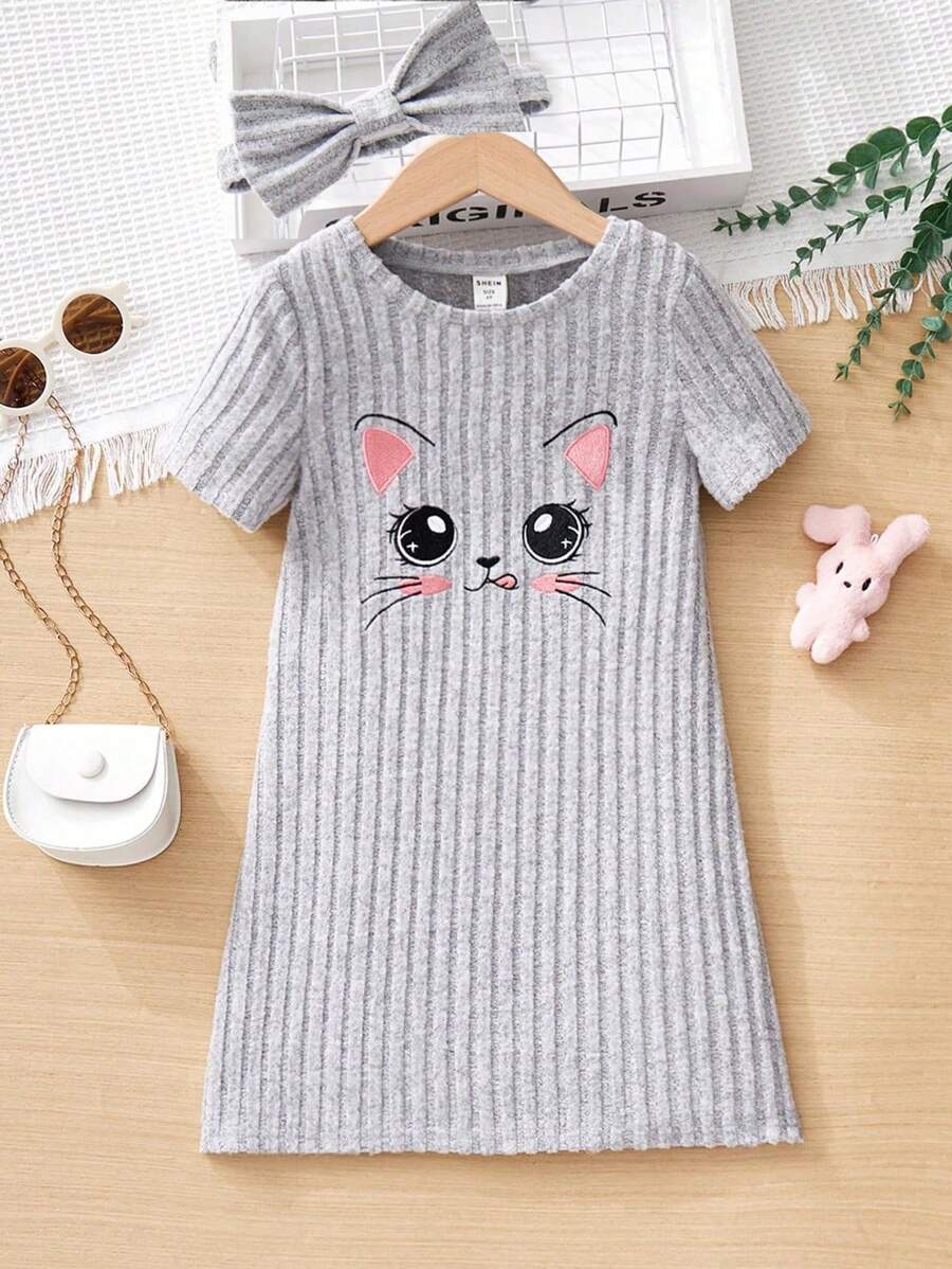 Bé gái Giải trí Hình con mèo Đầm Với dây buộc tóc - Xám - Xem 1