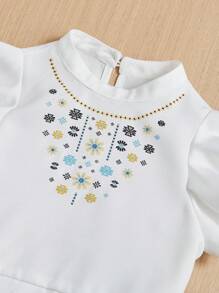 SHEIN Leap Crew 寶寶女孩度假風格荷葉邊上衣和彈性腰長褲套裝