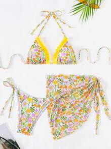 SHEIN Swim 花朵印花吊带比基尼套装带分体比基尼套装夏季海滩 - 彩色 - 查看 4