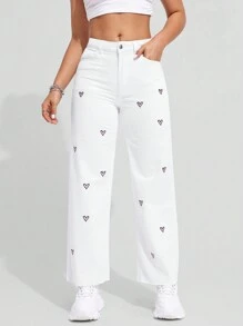SHEIN EZwear Của phụ nữ quần ống rộng Denim Quần jean Với Thêu trái tim - trắng - Xem 1