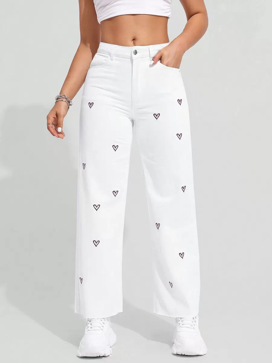 SHEIN EZwear Của phụ nữ quần ống rộng Denim Quần jean Với Thêu trái tim - trắng - Xem 1