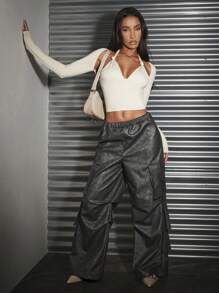 SHEIN BAE Quần dài bằng da cổ điển có đau khổ được giặt bằng da thẳng có túi 3d - màu đen - Xem 3