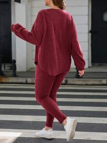 SHEIN LUNE Kích thước lớn Của phụ nữ Vòng cổ Thả vai Tay áo dài Áo Và Quần 2 cái/bộ - Đỏ - Xem 2