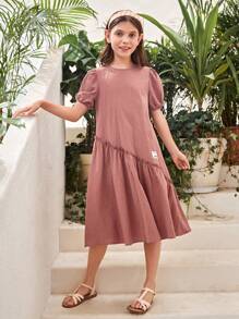 SHEIN Leap Crew 適用於青少年少女的蓬蓬袖編織假日裙