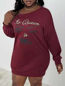 Slaydiva 大碼女裝不對稱領金屬扣字母印花連衣裙 - 紅色 - 查看 4