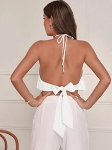 Soleia Màu thuần Không lưng Halter Neck Áo Với Dây đeo - trắng - Xem 2