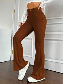 SHEIN EZwear Pantalones de mujeres unicolor amplio largo - Marrón - Ver 6