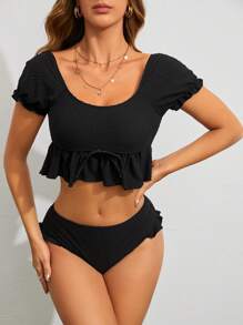 SHEIN Swim Ladies' Short Sleeve Bubble Texture Bikini Set Music Festival Summer Beach - Black - View 1
