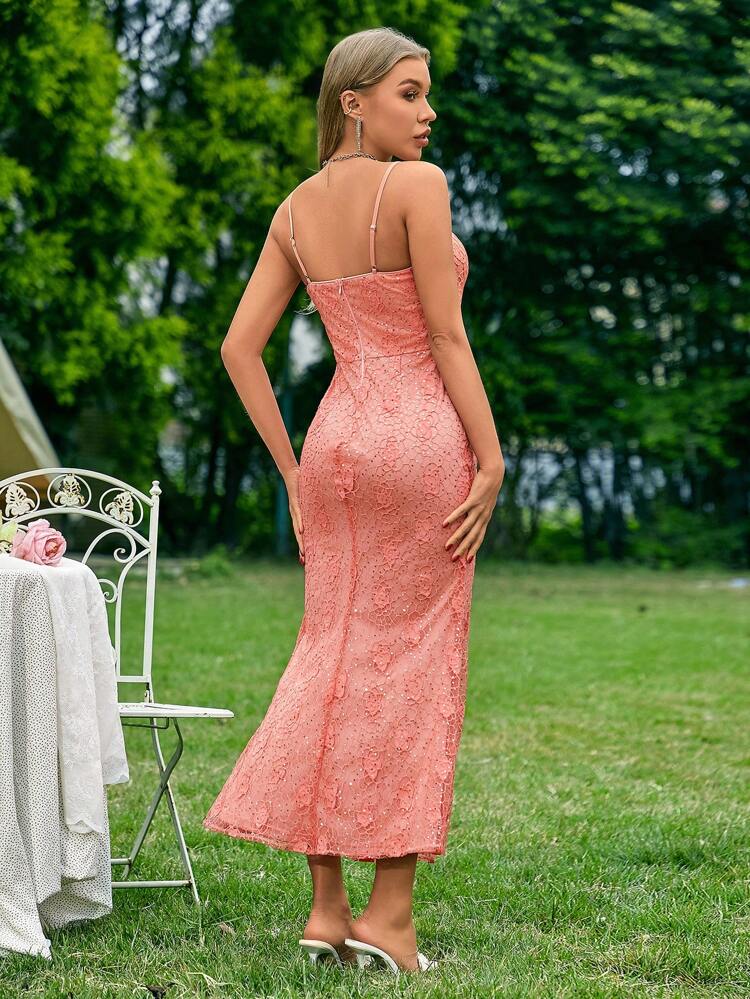 Sparkly Embroidered High Side-Slit Spaghetti Strap Dress