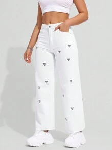 SHEIN EZwear Của phụ nữ quần ống rộng Denim Quần jean Với Thêu trái tim - trắng - Xem 4