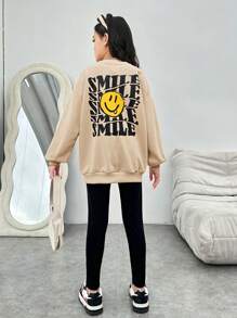 Tween女孩運動街頭風格印花表情和字母設計圓領長袖毛衣與緊身褲套裝 - 杏色 - 查看 4