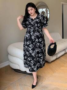 Dazy Petite Plus Floral Print Short Sleeve Dress - Multicolor - View 1