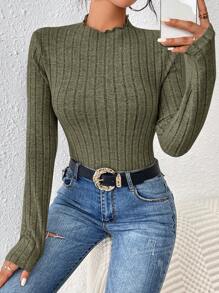 SHEIN Frenchy 純色肋骨針織t恤 - 墨綠色 - 查看 1