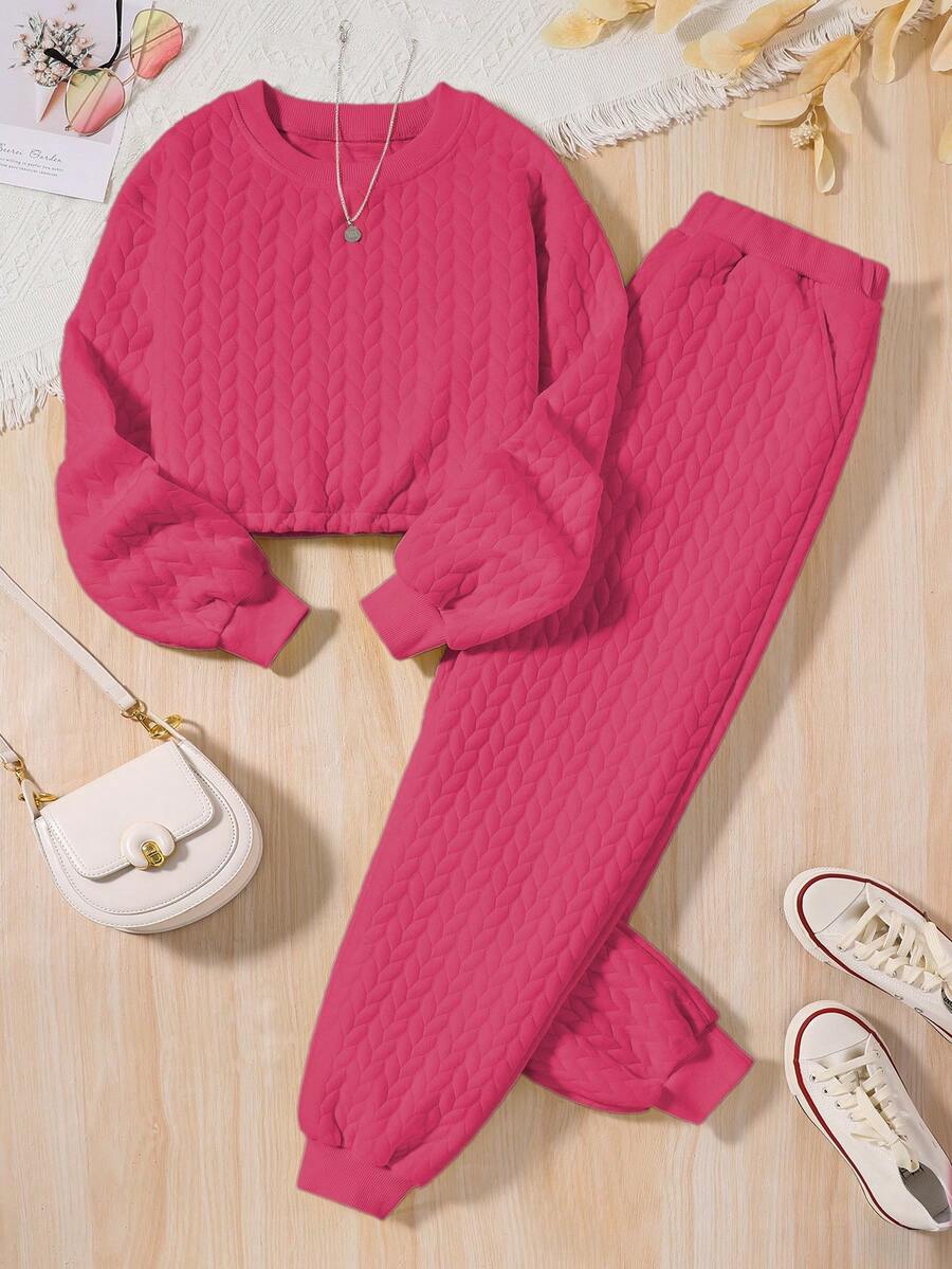 少女紋理休閒運動服套裝 - 玫紅色 - 查看 1