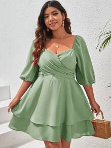 SHEIN VCAY Plus Size Sweetheart Neckline Puff Sleeve Dress - Mint Green - View 1