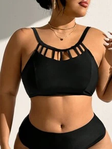 Swim Chiccia Summer Beach Plus Size Solid Color Hollow Out Swimwear Top - Black - View 3