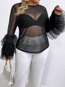 SHEIN Unity Plus Contrast Mesh Flounce Sleeve Mesh Top - Black - View 4