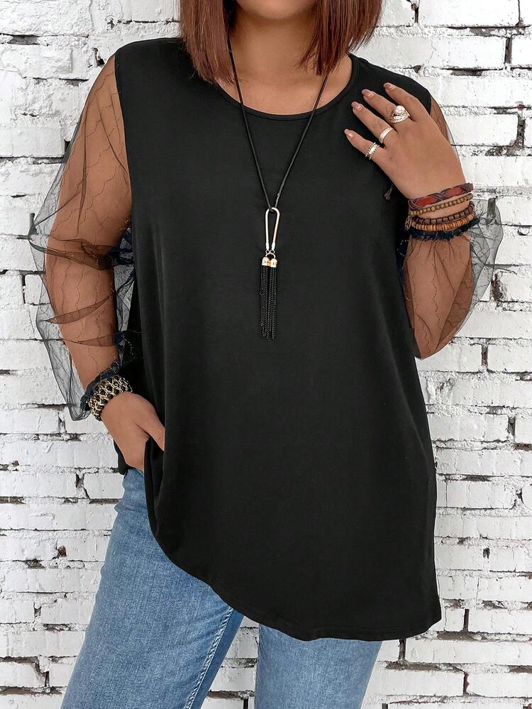 Plus Size Sheer Mesh Lantern Sleeve Round Neck T-Shirt Fall Cloth For Women