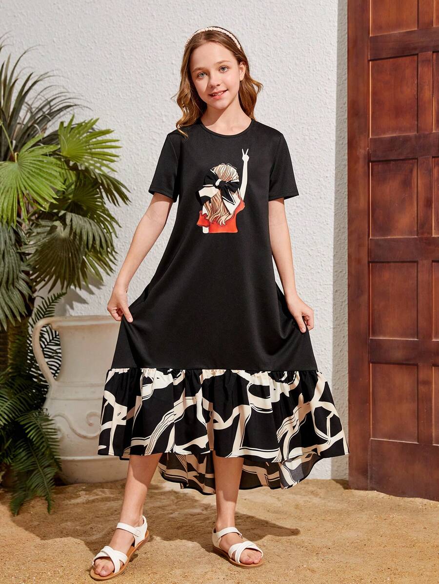 Cô gái Tween Hoạt hình In Nối Viền không đối xứng Lỏng lẻo phù hợp Đầm giản dị Với Tròn Đường viền cổ áo - màu đen - Xem 1
