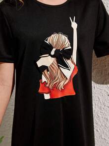 Cô gái Tween Hoạt hình In Nối Viền không đối xứng Lỏng lẻo phù hợp Đầm giản dị Với Tròn Đường viền cổ áo - màu đen - Xem 5