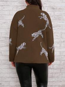 SHEIN LUNE 大尺碼豹紋長袖套頭毛衣 - 摩卡棕 - 查看 2