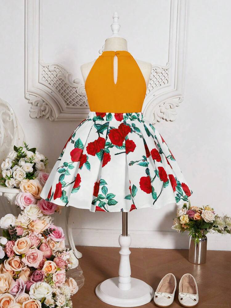 Tween Girls' Halter Top And Printed Skirt Casual 2pcs Set