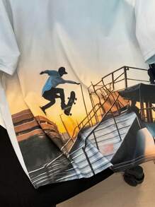 Tween Boy Casual Street Style Skateboard Printed Round Neck Pullover Knit Loose T-Shirt - White - View 4