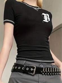 SHEIN EZwear 字母圖案短袖短版t恤 - 彩色 - 查看 4